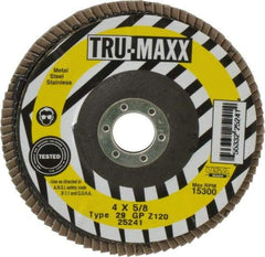 Tru-Maxx - 120 Grit, 4" Disc Diam, 5/8" Center Hole, Type 29 Zirconia Alumina Flap Disc - 15,300 Max RPM, Arbor Attaching System, Coated - Americas Industrial Supply