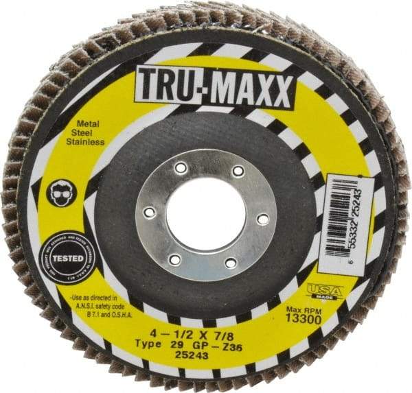Tru-Maxx - 36 Grit, 4-1/2" Disc Diam, 7/8" Center Hole, Type 29 Zirconia Alumina Flap Disc - 13,300 Max RPM, Arbor Attaching System, Coated - Americas Industrial Supply