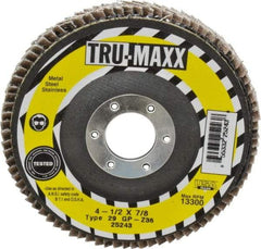 Tru-Maxx - 36 Grit, 4-1/2" Disc Diam, 7/8" Center Hole, Type 29 Zirconia Alumina Flap Disc - 13,300 Max RPM, Arbor Attaching System, Coated - Americas Industrial Supply