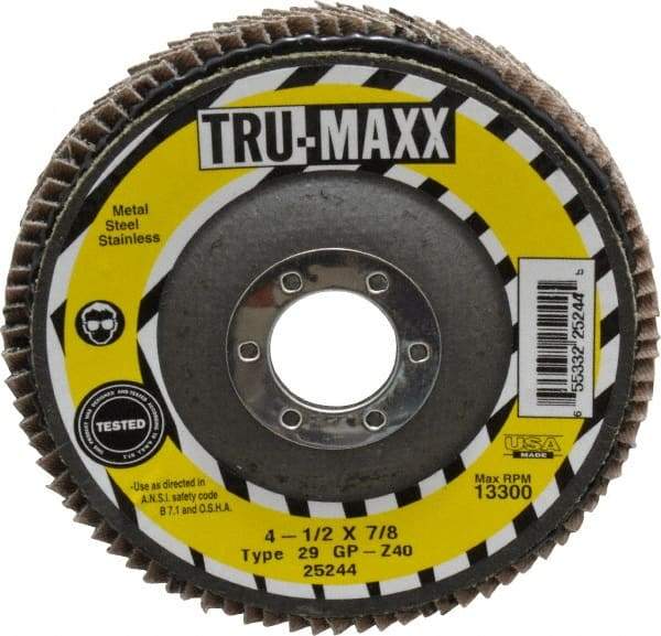 Tru-Maxx - 40 Grit, 4-1/2" Disc Diam, 7/8" Center Hole, Type 29 Zirconia Alumina Flap Disc - 13,300 Max RPM, Arbor Attaching System, Coated - Americas Industrial Supply