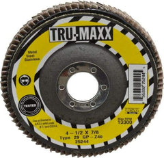 Tru-Maxx - 40 Grit, 4-1/2" Disc Diam, 7/8" Center Hole, Type 29 Zirconia Alumina Flap Disc - 13,300 Max RPM, Arbor Attaching System, Coated - Americas Industrial Supply