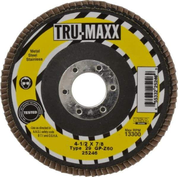 Tru-Maxx - 60 Grit, 4-1/2" Disc Diam, 7/8" Center Hole, Type 29 Zirconia Alumina Flap Disc - 13,300 Max RPM, Arbor Attaching System, Coated - Americas Industrial Supply