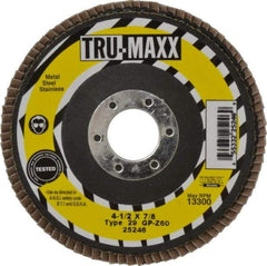 Tru-Maxx - 60 Grit, 4-1/2" Disc Diam, 7/8" Center Hole, Type 29 Zirconia Alumina Flap Disc - 13,300 Max RPM, Arbor Attaching System, Coated - Americas Industrial Supply