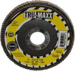 Tru-Maxx - 80 Grit, 4-1/2" Disc Diam, 7/8" Center Hole, Type 29 Zirconia Alumina Flap Disc - 13,300 Max RPM, Arbor Attaching System, Coated - Americas Industrial Supply
