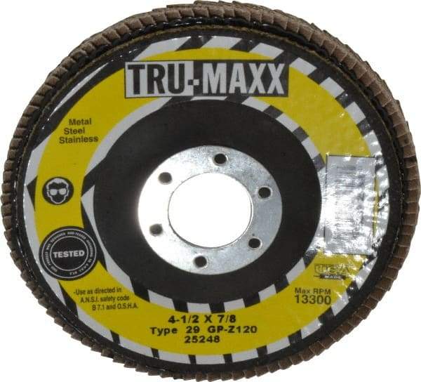 Tru-Maxx - 120 Grit, 4-1/2" Disc Diam, 7/8" Center Hole, Type 29 Zirconia Alumina Flap Disc - 13,300 Max RPM, Arbor Attaching System, Coated - Americas Industrial Supply