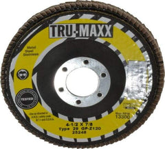Tru-Maxx - 120 Grit, 4-1/2" Disc Diam, 7/8" Center Hole, Type 29 Zirconia Alumina Flap Disc - 13,300 Max RPM, Arbor Attaching System, Coated - Americas Industrial Supply