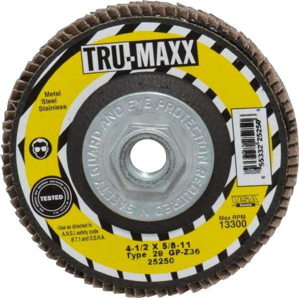Tru-Maxx - 36 Grit, 4-1/2" Disc Diam, 5/8-11 Center Hole, Type 29 Zirconia Alumina Flap Disc - 13,300 Max RPM, Arbor Attaching System, Coated - Americas Industrial Supply