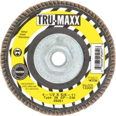 Tru-Maxx - 40 Grit, 4-1/2" Disc Diam, 5/8-11 Center Hole, Type 29 Zirconia Alumina Flap Disc - 13,300 Max RPM, Arbor Attaching System, Coated - Americas Industrial Supply
