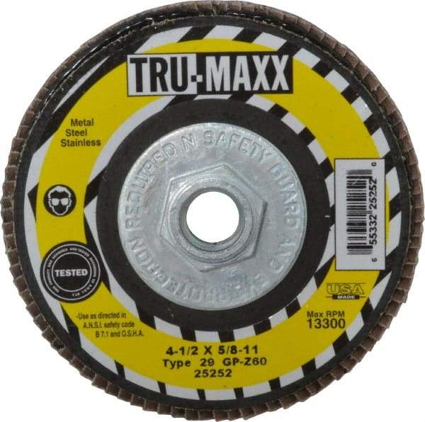 Tru-Maxx - 60 Grit, 4-1/2" Disc Diam, 5/8-11 Center Hole, Type 29 Zirconia Alumina Flap Disc - 13,300 Max RPM, Arbor Attaching System, Coated - Americas Industrial Supply
