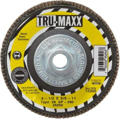 Tru-Maxx - 80 Grit, 4-1/2" Disc Diam, 5/8-11 Center Hole, Type 29 Zirconia Alumina Flap Disc - 13,300 Max RPM, Arbor Attaching System, Coated - Americas Industrial Supply