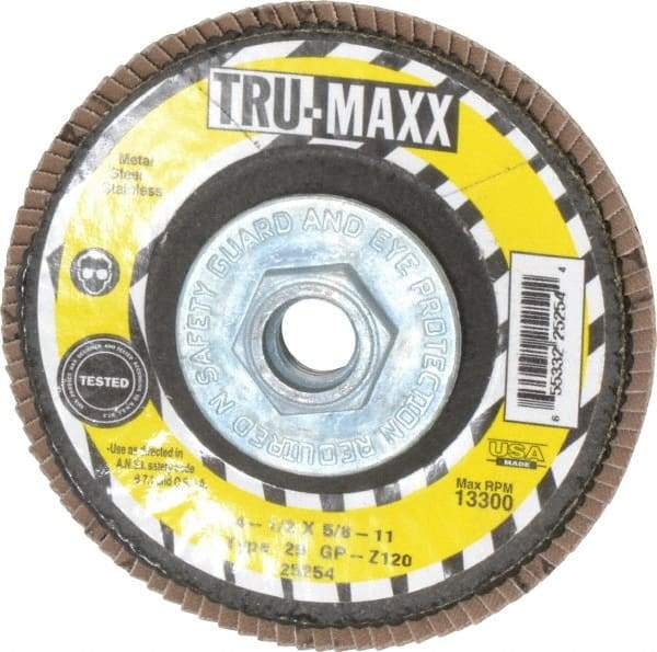 Tru-Maxx - 120 Grit, 4-1/2" Disc Diam, 5/8-11 Center Hole, Type 29 Zirconia Alumina Flap Disc - 13,300 Max RPM, Arbor Attaching System, Coated - Americas Industrial Supply