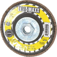 Tru-Maxx - 120 Grit, 4-1/2" Disc Diam, 5/8-11 Center Hole, Type 29 Zirconia Alumina Flap Disc - 13,300 Max RPM, Arbor Attaching System, Coated - Americas Industrial Supply