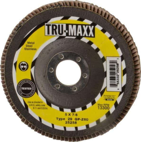 Tru-Maxx - 60 Grit, 5" Disc Diam, 7/8" Center Hole, Type 29 Zirconia Alumina Flap Disc - 12,200 Max RPM, Arbor Attaching System, Coated - Americas Industrial Supply