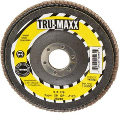 Tru-Maxx - 120 Grit, 5" Disc Diam, 7/8" Center Hole, Type 29 Zirconia Alumina Flap Disc - 12,200 Max RPM, Arbor Attaching System, Coated - Americas Industrial Supply