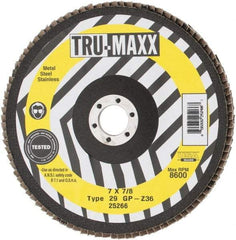 Tru-Maxx - 36 Grit, 7" Disc Diam, 7/8" Center Hole, Type 29 Zirconia Alumina Flap Disc - 8,600 Max RPM, Arbor Attaching System, Coated - Americas Industrial Supply
