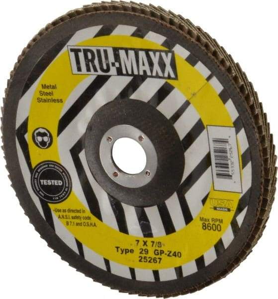 Tru-Maxx - 40 Grit, 7" Disc Diam, 7/8" Center Hole, Type 29 Zirconia Alumina Flap Disc - 8,600 Max RPM, Arbor Attaching System, Coated - Americas Industrial Supply