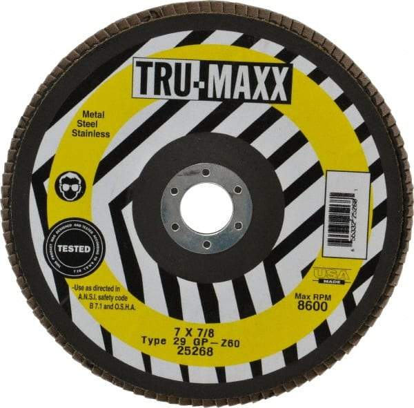 Tru-Maxx - 60 Grit, 7" Disc Diam, 7/8" Center Hole, Type 29 Zirconia Alumina Flap Disc - 8,600 Max RPM, Arbor Attaching System, Coated - Americas Industrial Supply