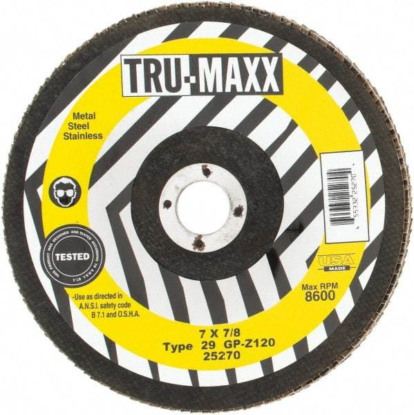 Tru-Maxx - 120 Grit, 7" Disc Diam, 7/8" Center Hole, Type 29 Zirconia Alumina Flap Disc - 8,600 Max RPM, Arbor Attaching System, Coated - Americas Industrial Supply