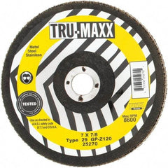 Tru-Maxx - 120 Grit, 7" Disc Diam, 7/8" Center Hole, Type 29 Zirconia Alumina Flap Disc - 8,600 Max RPM, Arbor Attaching System, Coated - Americas Industrial Supply