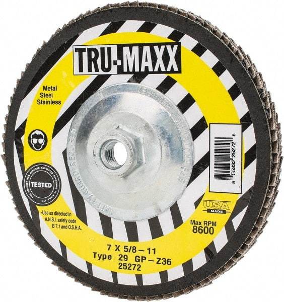 Tru-Maxx - 36 Grit, 7" Disc Diam, 5/8-11 Center Hole, Type 29 Zirconia Alumina Flap Disc - 8,600 Max RPM, Arbor Attaching System, Coated - Americas Industrial Supply