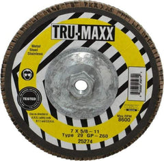 Tru-Maxx - 60 Grit, 7" Disc Diam, 5/8-11 Center Hole, Type 29 Zirconia Alumina Flap Disc - 8,600 Max RPM, Arbor Attaching System, Coated - Americas Industrial Supply