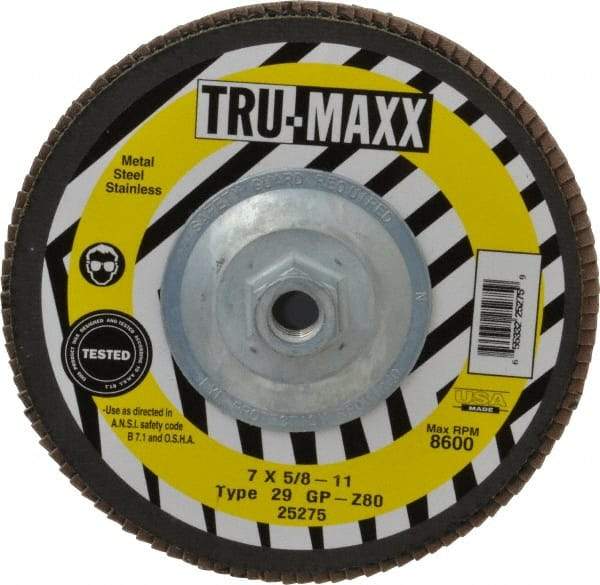 Tru-Maxx - 80 Grit, 7" Disc Diam, 5/8-11 Center Hole, Type 29 Zirconia Alumina Flap Disc - 8,600 Max RPM, Arbor Attaching System, Coated - Americas Industrial Supply