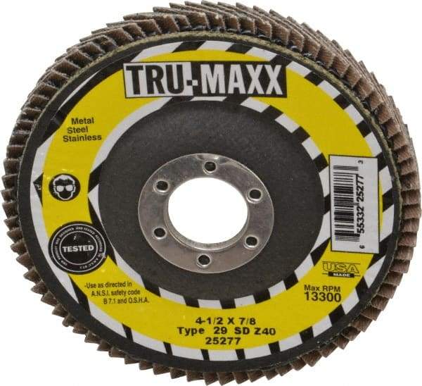Tru-Maxx - 40 Grit, 4-1/2" Disc Diam, 7/8" Center Hole, Type 29 Zirconia Alumina Flap Disc - 13,300 Max RPM, Arbor Attaching System, Coated - Americas Industrial Supply