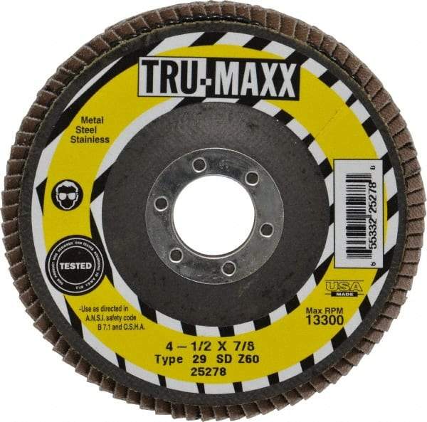 Tru-Maxx - 60 Grit, 4-1/2" Disc Diam, 7/8" Center Hole, Type 29 Zirconia Alumina Flap Disc - 13,300 Max RPM, Arbor Attaching System, Coated - Americas Industrial Supply