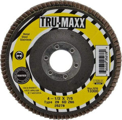 Tru-Maxx - 60 Grit, 4-1/2" Disc Diam, 7/8" Center Hole, Type 29 Zirconia Alumina Flap Disc - 13,300 Max RPM, Arbor Attaching System, Coated - Americas Industrial Supply