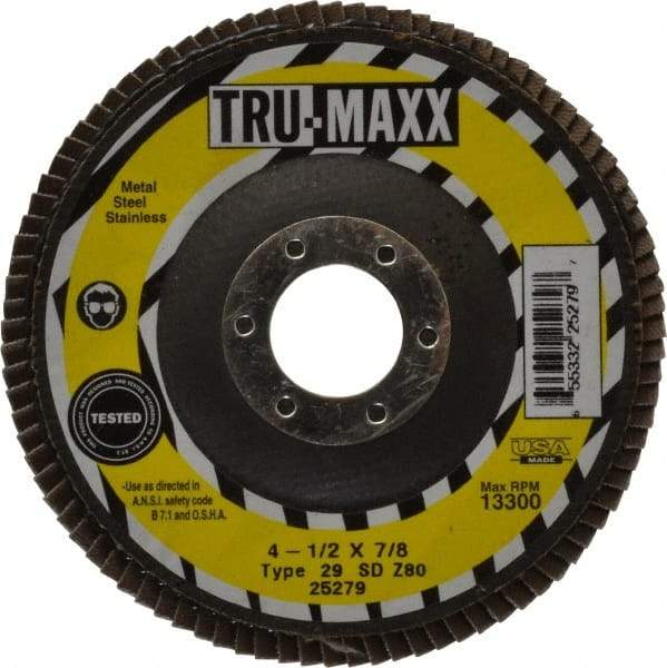 Tru-Maxx - 80 Grit, 4-1/2" Disc Diam, 7/8" Center Hole, Type 29 Zirconia Alumina Flap Disc - 13,300 Max RPM, Arbor Attaching System, Coated - Americas Industrial Supply