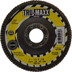 Tru-Maxx - 80 Grit, 4-1/2" Disc Diam, 7/8" Center Hole, Type 29 Zirconia Alumina Flap Disc - 13,300 Max RPM, Arbor Attaching System, Coated - Americas Industrial Supply