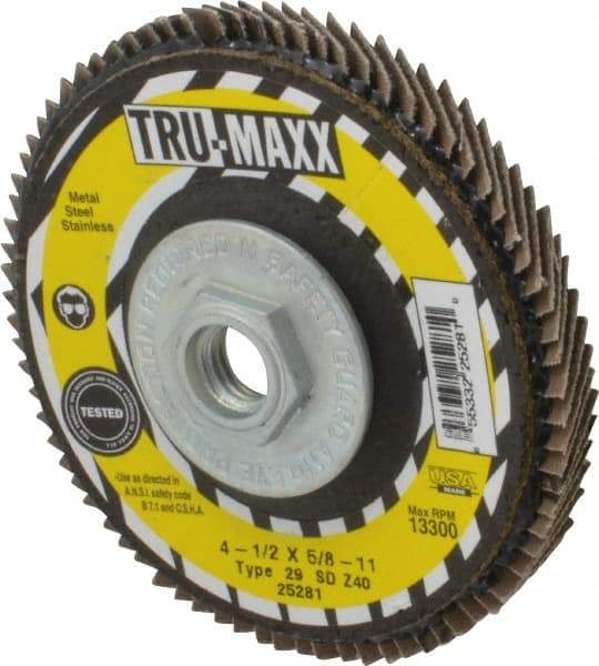 Tru-Maxx - 40 Grit, 4-1/2" Disc Diam, 5/8-11 Center Hole, Type 29 Zirconia Alumina Flap Disc - 13,300 Max RPM, Arbor Attaching System, Coated - Americas Industrial Supply