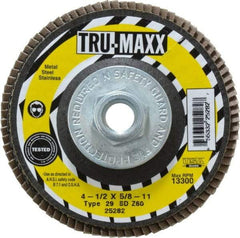 Tru-Maxx - 60 Grit, 4-1/2" Disc Diam, 5/8-11 Center Hole, Type 29 Zirconia Alumina Flap Disc - 13,300 Max RPM, Arbor Attaching System, Coated - Americas Industrial Supply