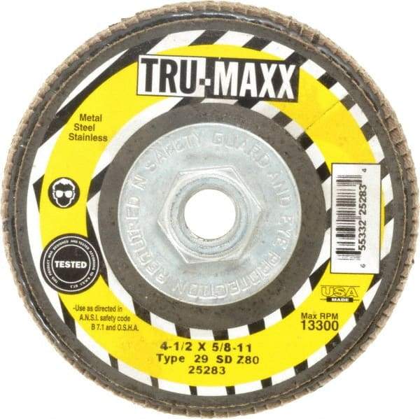 Tru-Maxx - 80 Grit, 4-1/2" Disc Diam, 5/8-11 Center Hole, Type 29 Zirconia Alumina Flap Disc - 13,300 Max RPM, Arbor Attaching System, Coated - Americas Industrial Supply