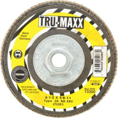 Tru-Maxx - 80 Grit, 4-1/2" Disc Diam, 5/8-11 Center Hole, Type 29 Zirconia Alumina Flap Disc - 13,300 Max RPM, Arbor Attaching System, Coated - Americas Industrial Supply