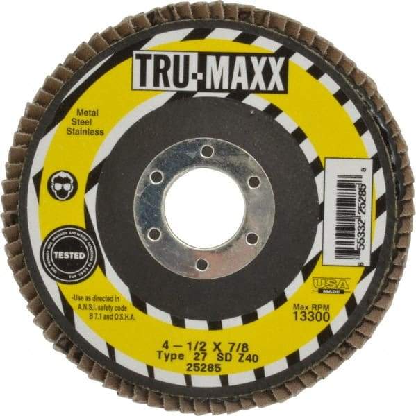 Tru-Maxx - 40 Grit, 4-1/2" Disc Diam, 7/8" Center Hole, Type 27 Zirconia Alumina Flap Disc - 13,300 Max RPM, Arbor Attaching System, Coated - Americas Industrial Supply