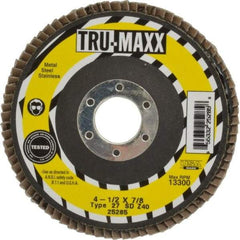 Tru-Maxx - 40 Grit, 4-1/2" Disc Diam, 7/8" Center Hole, Type 27 Zirconia Alumina Flap Disc - 13,300 Max RPM, Arbor Attaching System, Coated - Americas Industrial Supply
