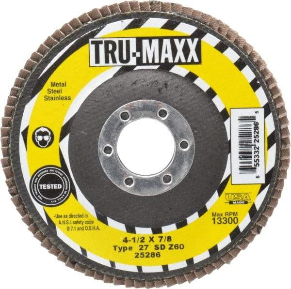 Tru-Maxx - 60 Grit, 4-1/2" Disc Diam, 7/8" Center Hole, Type 27 Zirconia Alumina Flap Disc - 13,300 Max RPM, Arbor Attaching System, Coated - Americas Industrial Supply