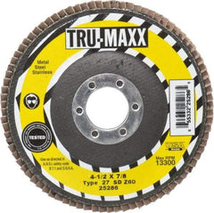 Tru-Maxx - 60 Grit, 4-1/2" Disc Diam, 7/8" Center Hole, Type 27 Zirconia Alumina Flap Disc - 13,300 Max RPM, Arbor Attaching System, Coated - Americas Industrial Supply