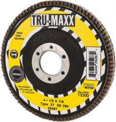 Tru-Maxx - 80 Grit, 4-1/2" Disc Diam, 7/8" Center Hole, Type 27 Zirconia Alumina Flap Disc - 13,300 Max RPM, Arbor Attaching System, Coated - Americas Industrial Supply