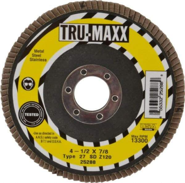 Tru-Maxx - 120 Grit, 4-1/2" Disc Diam, 7/8" Center Hole, Type 27 Zirconia Alumina Flap Disc - 13,300 Max RPM, Arbor Attaching System, Coated - Americas Industrial Supply