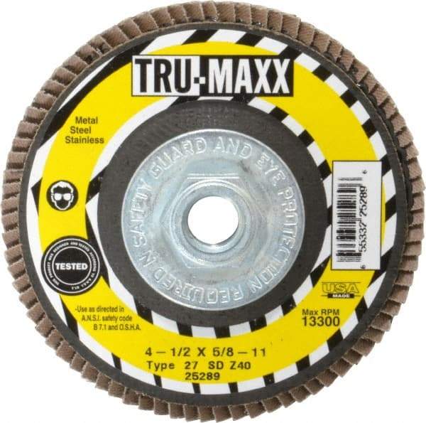 Tru-Maxx - 40 Grit, 4-1/2" Disc Diam, 5/8-11 Center Hole, Type 27 Zirconia Alumina Flap Disc - 13,300 Max RPM, Arbor Attaching System, Coated - Americas Industrial Supply