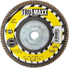 Tru-Maxx - 40 Grit, 4-1/2" Disc Diam, 5/8-11 Center Hole, Type 27 Zirconia Alumina Flap Disc - 13,300 Max RPM, Arbor Attaching System, Coated - Americas Industrial Supply
