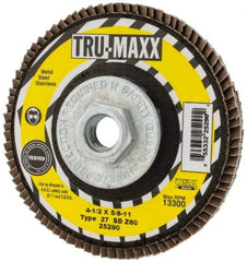 Tru-Maxx - 60 Grit, 4-1/2" Disc Diam, 5/8-11 Center Hole, Type 27 Zirconia Alumina Flap Disc - 13,300 Max RPM, Arbor Attaching System, Coated - Americas Industrial Supply