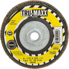 Tru-Maxx - 120 Grit, 4-1/2" Disc Diam, 5/8-11 Center Hole, Type 27 Zirconia Alumina Flap Disc - 13,300 Max RPM, Arbor Attaching System, Coated - Americas Industrial Supply