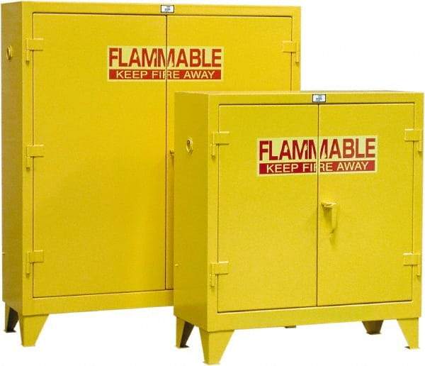 Strong Hold - 2 Door, 2 Shelf, Yellow Steel Standard Safety Cabinet for Flammable and Combustible Liquids - 49" High x 44" Wide x 18" Deep, Self Closing Door, 30 Gal Capacity - Americas Industrial Supply