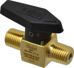 Parker - 1/4" Pipe, 3,000 psi WOG Rating, Brass, Inline, One Way Instrumentation Plug Valve - Wedge Handle, MNPT x MNPT End Connections, Viton Seal - Americas Industrial Supply