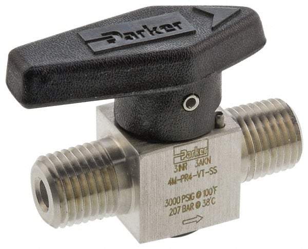 Parker - 1/2" Pipe, 3,000 psi WOG Rating, 316 Stainless Steel, Inline, One Way Instrumentation Plug Valve - Wedge Handle, MNPT x MNPT End Connections, Viton Seal - Americas Industrial Supply