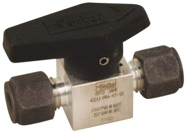 Parker - 1/4" Pipe, 3,000 psi WOG Rating, 316 Stainless Steel, Inline, One Way Instrumentation Plug Valve - Wedge Handle, Compression x Compression CPI End Connections, Viton Seal - Americas Industrial Supply