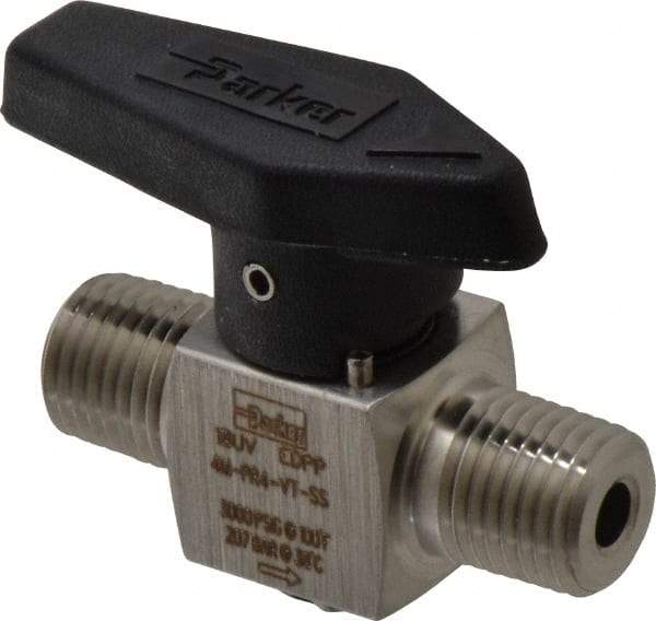 Parker - 1/4" Pipe, 3,000 psi WOG Rating, 316 Stainless Steel, Inline, One Way Instrumentation Plug Valve - Wedge Handle, MNPT x MNPT End Connections, Viton Seal - Americas Industrial Supply